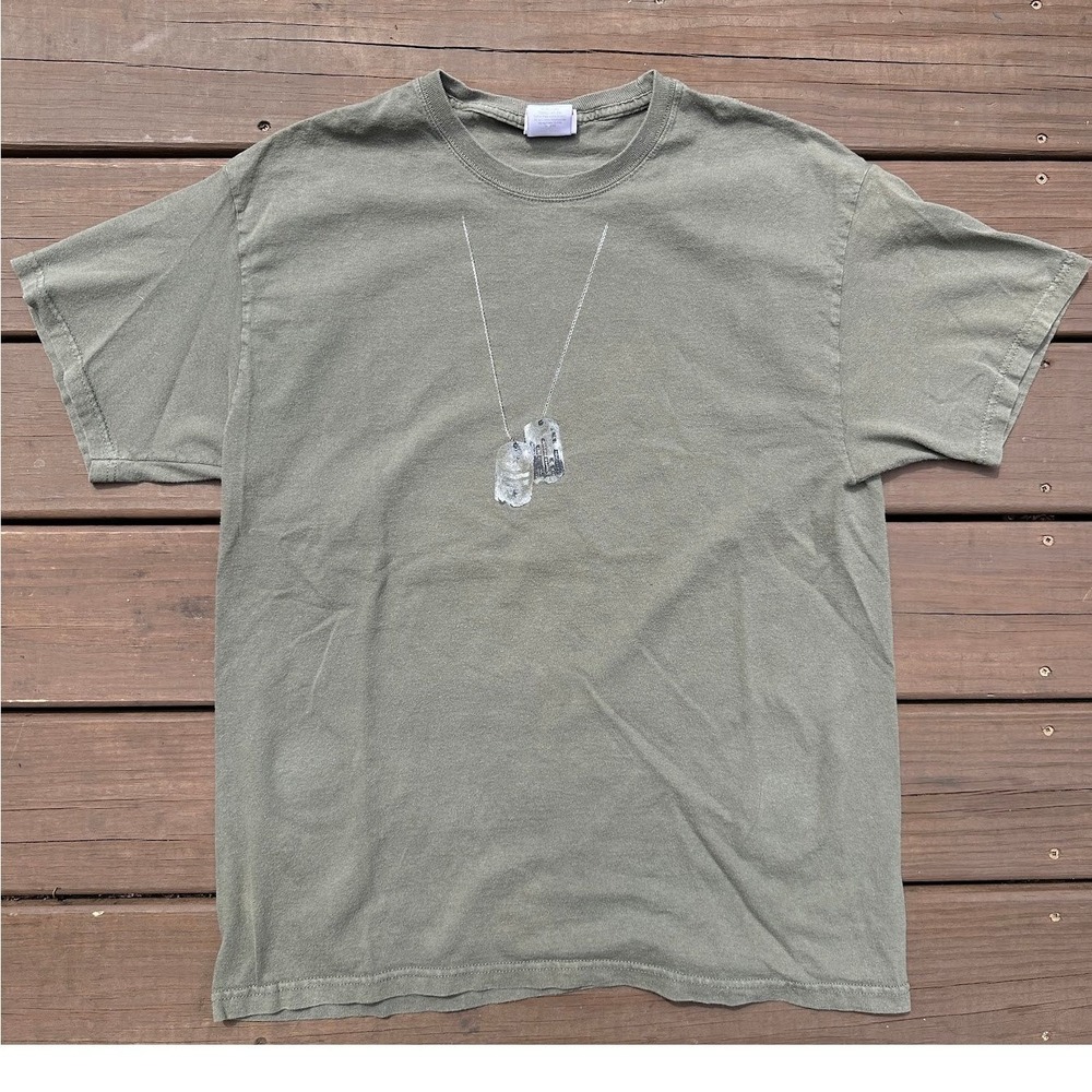 Vintage Style Dog Tags Graphic T-Shirt Mens Large Olive Green Military Tee - Picture 1 of 6